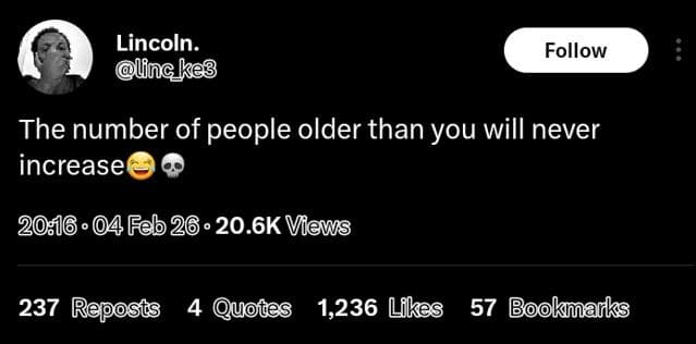 Lincoln. unc_keg follow the number of people older than you will never increase