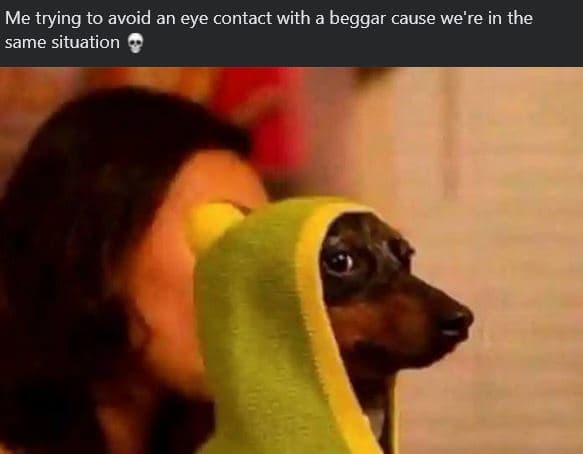 Me trying to avoid an eye contact with a beggar cause we're in the same situatio