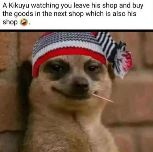 A kikuyu watching you leave his shop and buy the goods in the next shop which is