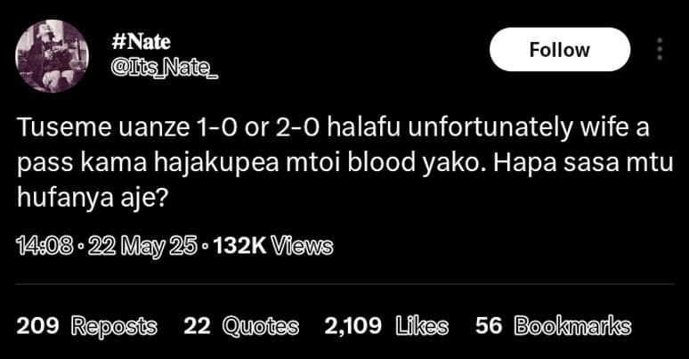 Nate isnate follow tuseme uanze 10 or 20 halafu unfortunately wife a pass kama h