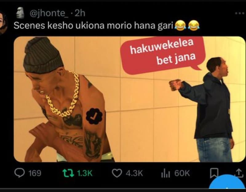 Jhonte 2h scenes kesho ukiona morio hana gari hakuwekelea bet jana 0 169 tl 13k