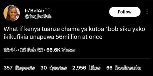 Is'belair ísapellah follow what if kenya tuanze chama ya kutoa 1bob siku yako ik