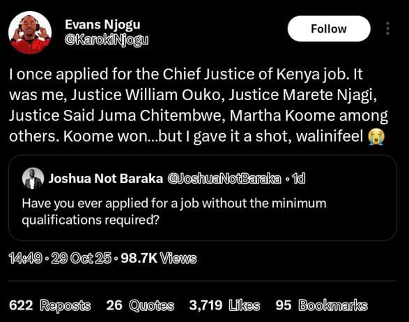Evans njogu karvokinjogu follow tonce applied for the chief justice of kenya job