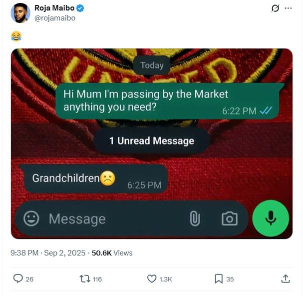 Roja maibo rojamaibo today hi mum l'm passing by the market anything you need? 6