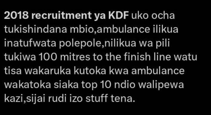 Recruitment ya kdf uko ocha tukishindana mbio,ambulance ilikua inatufwata polepo