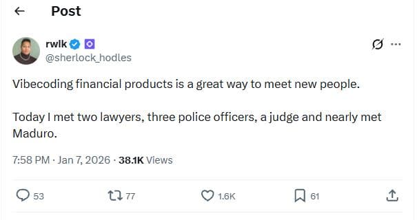 Post rwlk sherlock_hodles vibecoding financial products is a great way to meet n