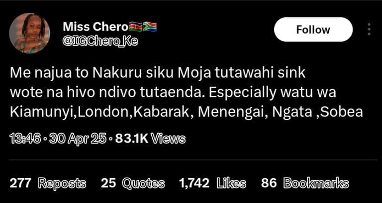 Miss chero gcheroke follow me najua to nakuru siku moja tutawahi sink wote na hi