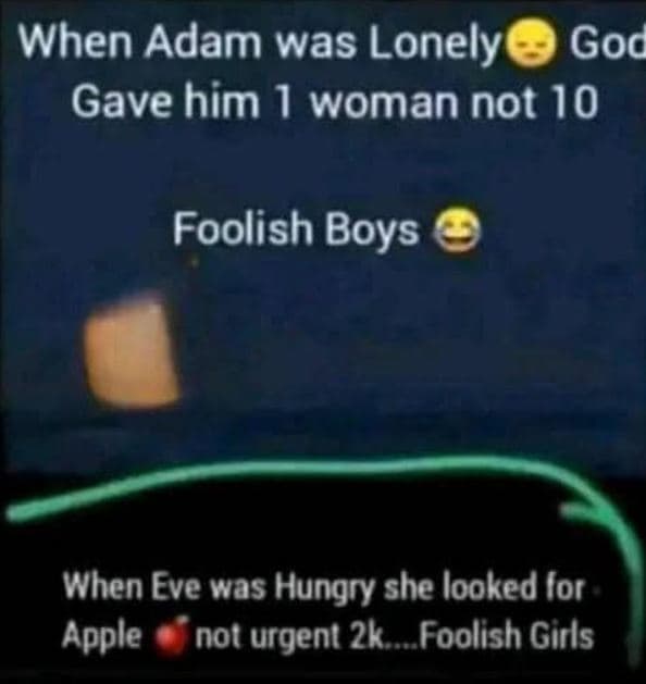 When adam was lonely god gave him 1 woman not 10 foolish boys when eve was hungr