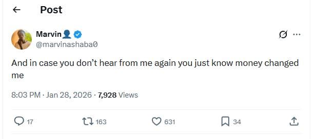 Post marvin 20 marvinashaba0 and in case you don't hear from me again you just k