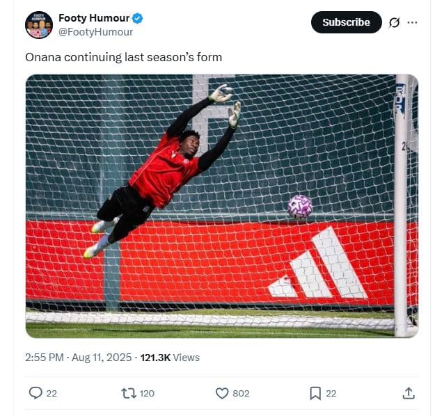 Footy humour footyhumour subscribe onana continuing last season's form 2.55 pm a