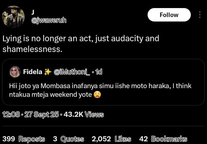 Follow waweruh lying is no longer an act, just audacity and shamelessness fidela