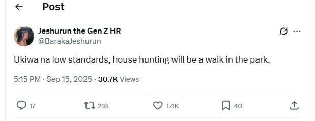 Post jeshurun the gen z hr barakajeshurun ukiwa na low standards, house hunting