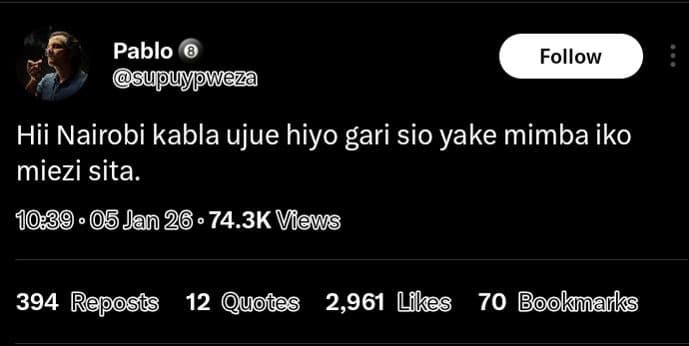 Pablo supuypweza follow hii nairobi kabla ujue hiyo gari sio yake mimba iko miez