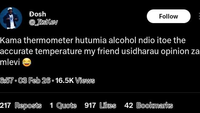 Bosh _ilskev follow kama thermometer hutumia alcohol ndio itoe the accurate temp