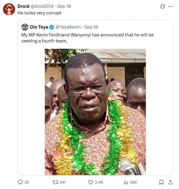 Droid droid254 sep he looks very corrupt ole teya tevakevin sep 18 my mp kevin f