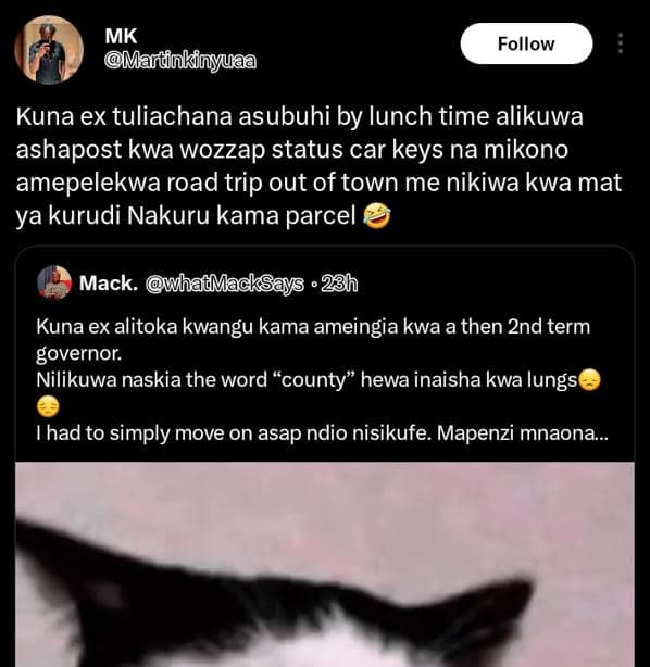 Mk mañdnkinyuaa follow kuna ex tuliachana asubuhi by lunch time alikuwa ashapost