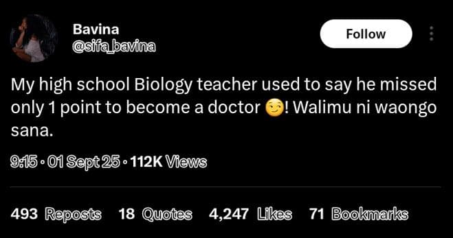 Bavina sifabavina follow my high school biology teacher used to say he missed on