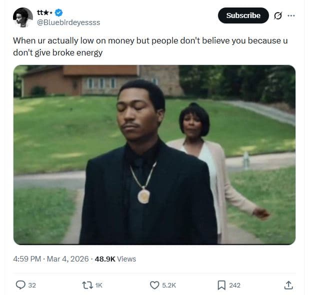 Tt' bluebirdeyessss subscribe when ur actually low on money but people don't bel