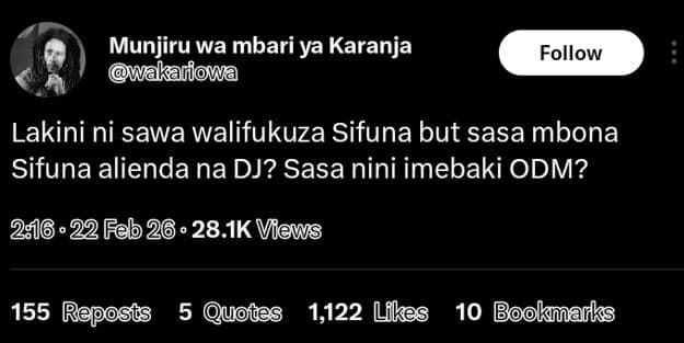 Munjiru wa mbari ya karanja wakariowa follow lakini ni sawa walifukuza sifuna bu