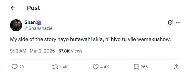 Post shan shanshazie my side of the story nayo hutawahi skia ni hivo tu vile wam