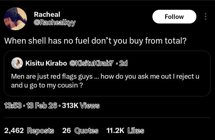 Racheal rachealky follow when shell has no fuel don'tyou buy from total? kisitu