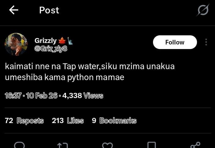 Post grizzly griz zy8 follow kaimati nne na tap water,siku mzima unakua umeshiba