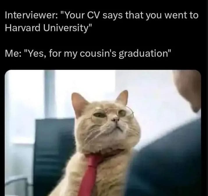 Interviewer your cv says that you went to harvard university me yes, for my cous