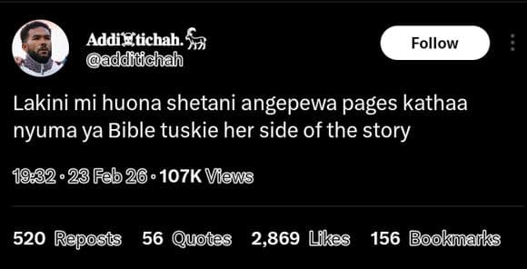 Addigüchah. addndchah follow lakini mi huona shetani angepewa pages kathaa nyuma