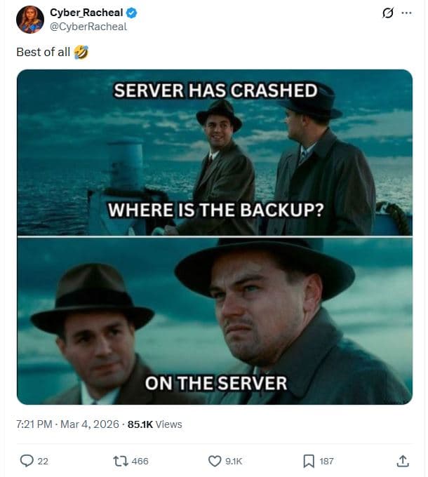 Cyber_racheal cyberracheal best of all server has crashed where is the backup? o