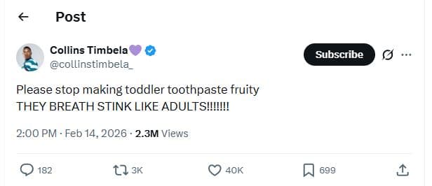 Post collins timbela collinstimbela subscribe please stop making toddler toothpa