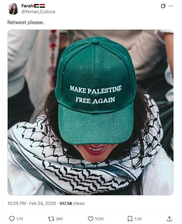 Farah yemen_culture retweet please. make 'palestinf free again 10.26 pm feb 24,