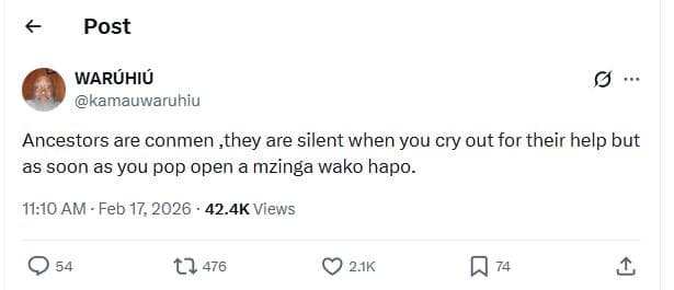 Post waruhiu kamauwaruhiu ancestors are conmen ,they are silent when you cry out