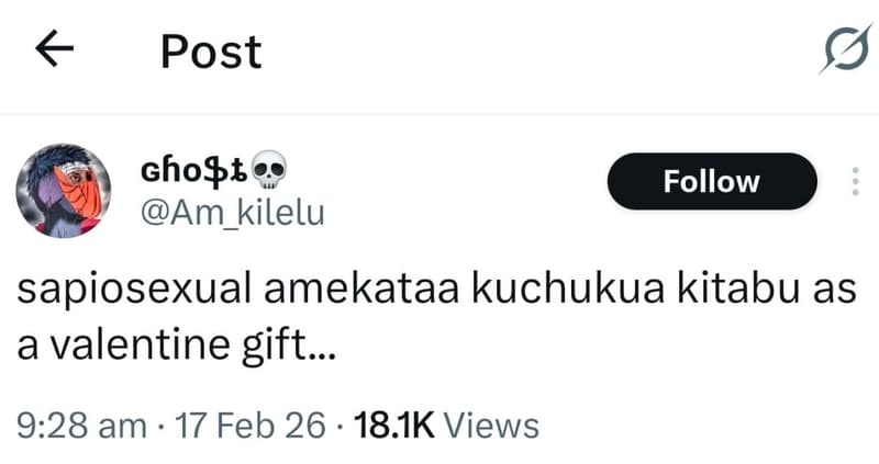 Post gho9t am_kilelu follow sapiosexual amekataa kuchukua kitabu as a valentine