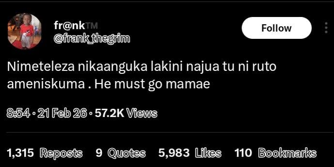 Frnktm frankthegiim follow nimeteleza nikaanguka lakini najua tu ni ruto amenisk