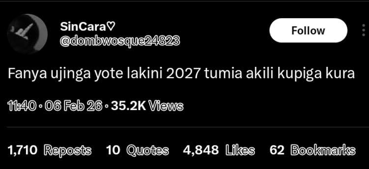 Sincarav dolwosque24823 follow fanya ujinga yote lakini tumia akili kupiga kura