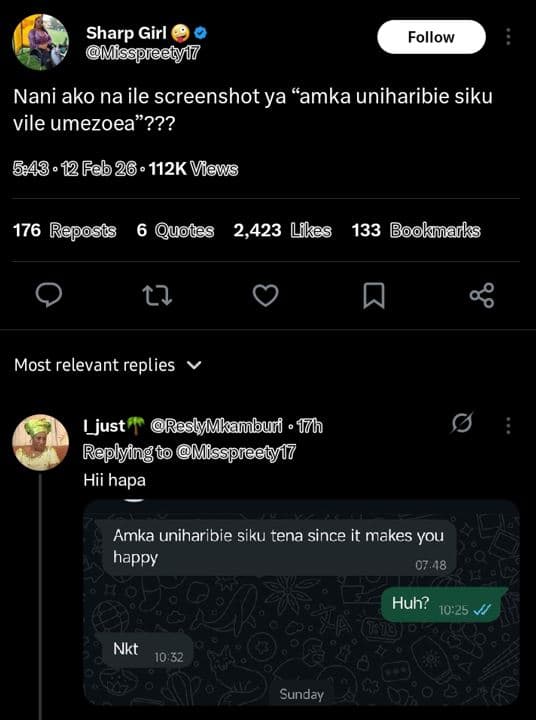 Sharp girl msspleedyl7 follow nani ako na ile screenshot ya 'amka uniharibie sik