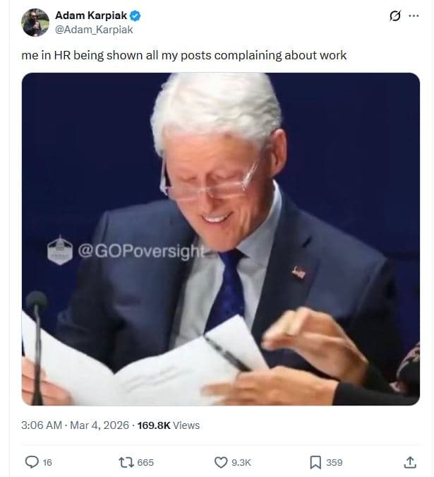 Adam karpiak ' adam_karpiak me in hr being shown all my posts complaining about