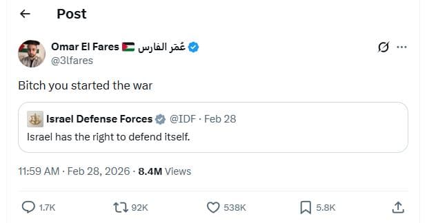 Post omar el fares 3lfares uylajl jé bitch you started the war israel defense fo