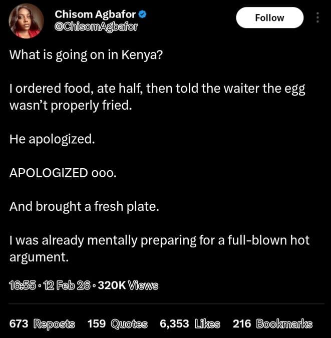 Chisom agbafor chison bafor follow what is going on in kenya? lordered food, ate