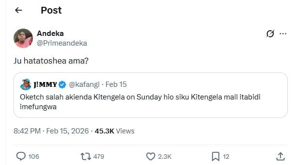 Post andeka primeandeka ju hatatoshea ama? j'mmy kafangi . feb 15 oketch salah a