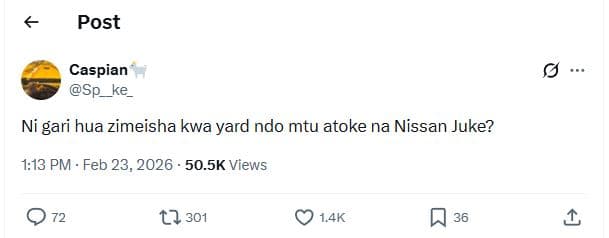 Post caspian sp ni gari hua zimeisha kwa yard ndo mtu atoke na nissan juke? 113
