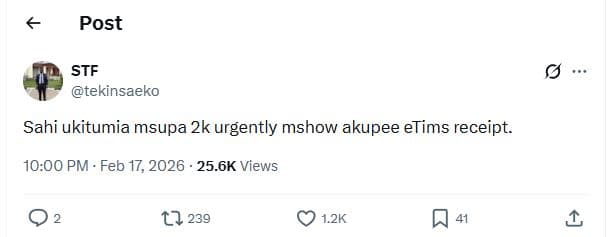 Post stf tekinsaeko sahi ukitumia msupa 2k urgently mshow akupee etims receipt.