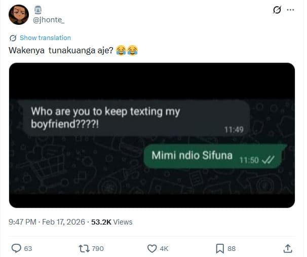 Jhonte show translation wakenya tunakuanga aje? who are you t0 keep texting my b