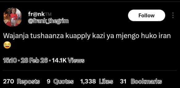 Frnktm frankfhegrim follow wajanja tushaanza kuapply kazi ya mjengo huko iran .