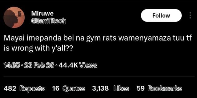 Miruwe iamiitooh follow mayai imepanda bei na gym rats wamenyamaza tuu tf is wro
