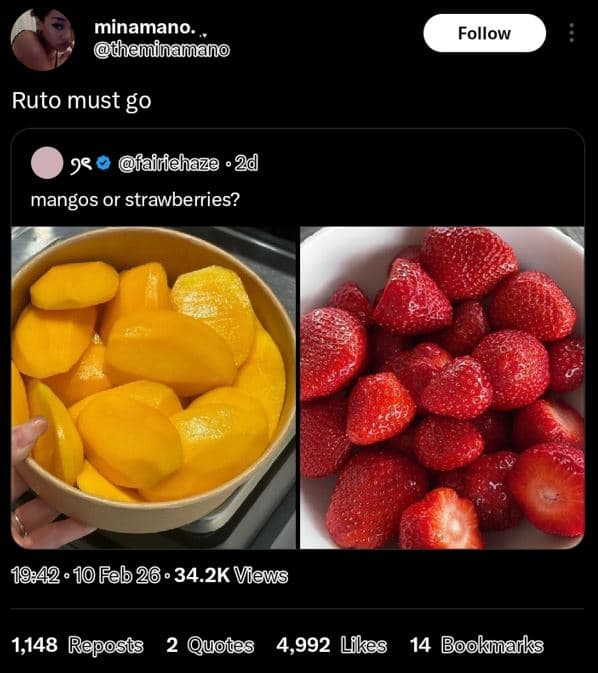 Minamano tauinamano follow ruto must g0 98 airiehaze 2d mangos or strawberries?