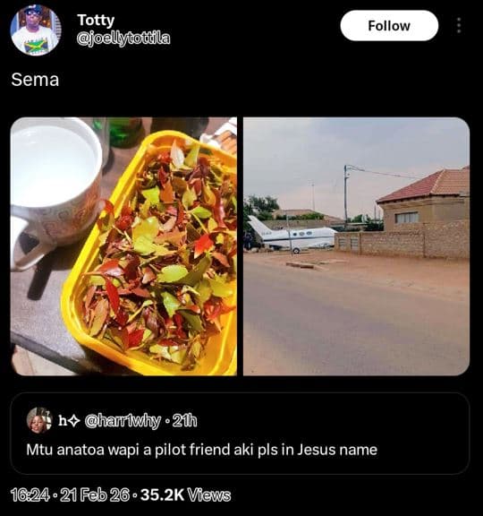 Totty joellyisoddla follow sema h harlwhhy ' 20 mtu anatoa wapi a pilot friend a