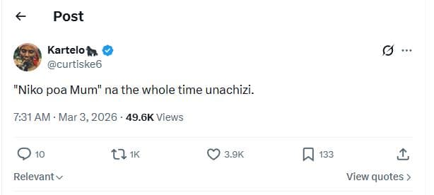 Post kartelon curtiske6 niko poa mum na the whole time unachizi. 7.31 am mar 3,