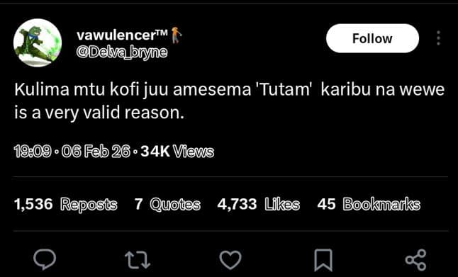Vawulencerrm delvabnryne follow kulima mtu kofi juu amesema 'tutam' karibu na we