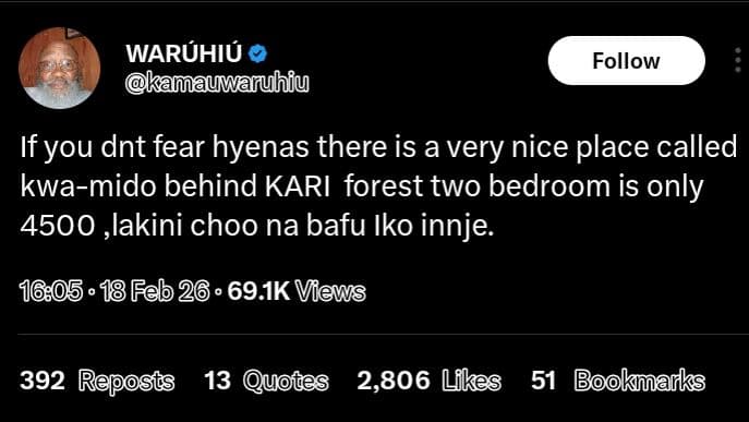 Waruhiu mmauwanuhiu follow if you dnt fear hyenas there is a very nice place cal